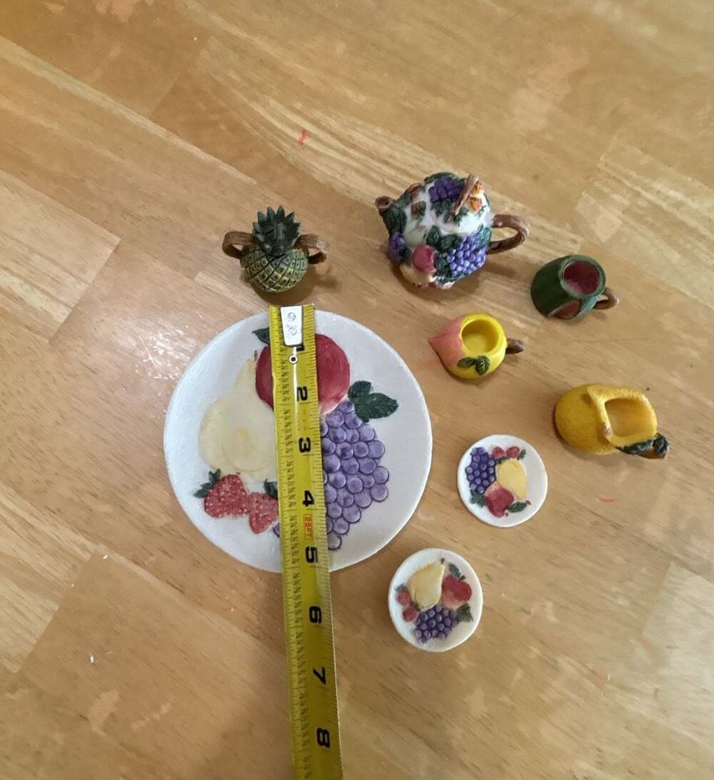 Vintage Miniature Resin Fruit Themed Tea Set Including Teapot, Cups, and Plates